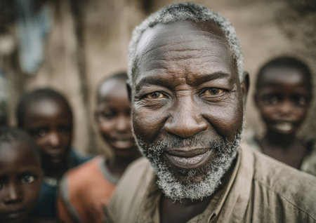 Smiling elderly man with gray beard stands in front of children in a rustic outdoor environment, highlighting warmth, community, and joyful interactions among generationsの素材