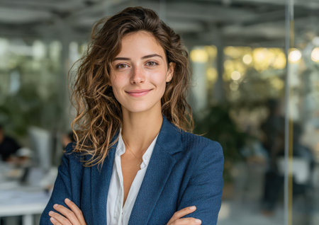 Young professional woman with curly hair, dressed in a blue blazer, poses confidently in a contemporary office space, embodying a sense of empowerment and leadershipの素材