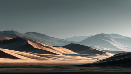 Vast desert scene featuring undulating sand dunes and distant mountain ranges, illuminated by soft sunlight, creating a peaceful and serene atmosphereの素材