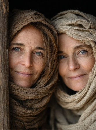 Two women with blue eyes, wrapped in soft brown shawls, are smiling at each other, highlighting their bond in a tranquil environment filled with natural lightの素材