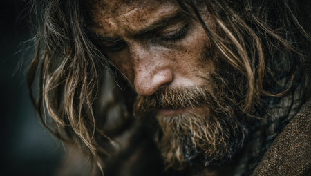 Male figure with long hair and beard, dressed in a rustic garment, appears deep in thought, embodying a strong connection to the natural world and rugged lifestyleの素材