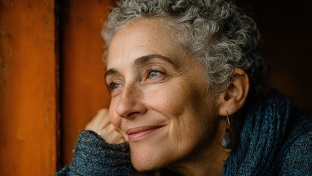 Woman with curly gray hair is smiling gently while resting her chin on her hand, surrounded by warm light, creating a serene and contemplative atmosphereの素材