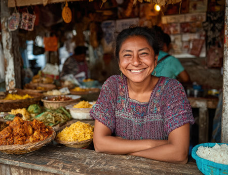 Woman in traditional clothing smiles at market stall filled with vibrant dishes, representing local cuisine and cultural richness in a bustling environmentの素材