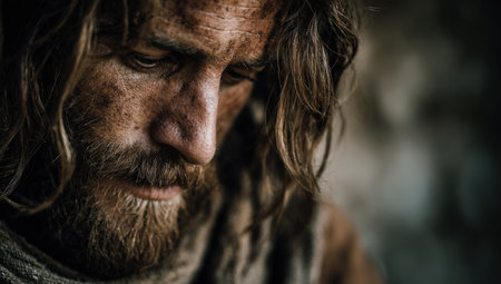 Man with long hair and beard, dressed in worn clothing, gazes thoughtfully in a rustic setting, evoking feelings of contemplation and strengthの素材