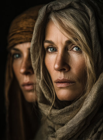 Two women with captivating expressions, one wearing a brown headscarf and the other draped in a beige shawl, create a powerful visual narrative with their intense gazeの素材