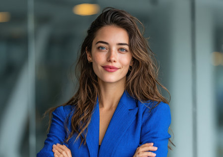 Professional woman with long brown hair, dressed in a blue blazer, stands confidently with arms crossed in a contemporary office space, exuding a sense of empowerment and determinationの素材
