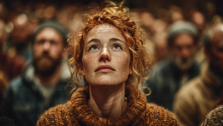 Female with curly red hair, dressed in a warm sweater, looks up in a crowd, expressing emotions and connection during a significant communal gathering or eventの素材