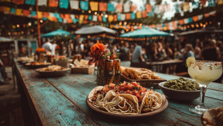 Outdoor dining setup showcases delicious tacos, guacamole, and drinks on rustic table, surrounded by colorful decorations and lively ambiance, perfect for festive gatheringsの素材