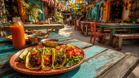 Tacos filled with fresh ingredients are beautifully arranged on a rustic table in a vibrant outdoor setting, capturing the essence of culinary culture and enjoymentの素材
