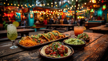 Vibrant outdoor dining scene featuring tacos, guacamole, and refreshing drinks on rustic wooden table, surrounded by festive lights and lively ambianceの素材