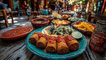 Traditional Mexican meal showcasing crispy taquitos with salsa, fresh guacamole, and tortilla chips, set in a vibrant outdoor atmosphere filled with colorful decorの素材