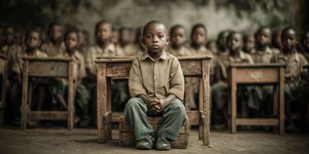African boy seated in a classroom, surrounded by classmates, highlighting a moment of reflection and concentration in a learning atmosphereの素材