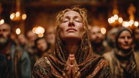 Female figure with curly hair, dressed in a shawl, is engaged in prayer in a warmly lit environment, surrounded by a diverse audience in a spiritual settingの素材