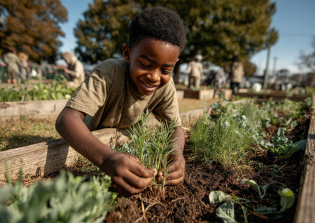 African American child is happily working in a community garden, nurturing plants with care, surrounded by vibrant greenery and other children, promoting teamwork and connectionの素材