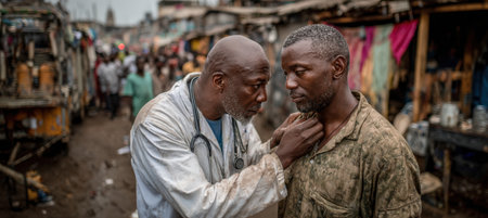 Male doctor in white coat is examining another man in a bustling urban market, highlighting the importance of health and community engagement in everyday lifeの素材