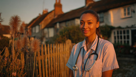 Female healthcare professional in scrubs stands outside at sunset, with a quaint village in the background, showcasing dedication to community health and well-beingの素材