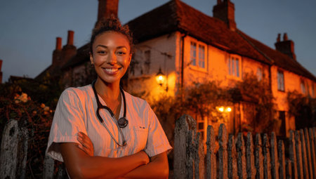 Confident female healthcare professional in scrubs stands outside a cozy house at dusk, with warm lighting creating an inviting atmosphere and highlighting her dedication to healthの素材