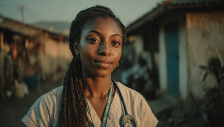 Female healthcare worker, dressed in scrubs, stands in a community setting, reflecting commitment to health and wellness, surrounded by a lively atmosphereの素材
