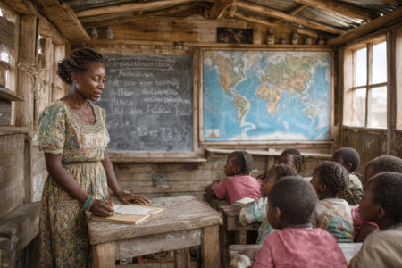 Female educator is teaching children in a rustic classroom, with wooden desks and a world map on the wall, creating an engaging educational atmosphereの素材