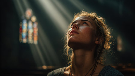 Woman with curly hair looks up in a serene environment, bathed in gentle light from stained glass, creating an atmosphere of reflection and tranquilityの素材