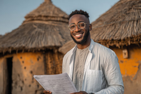 Smiling male individual holding documents outdoors, surrounded by traditional thatched-roof huts, reflecting cultural heritage and community involvementの素材