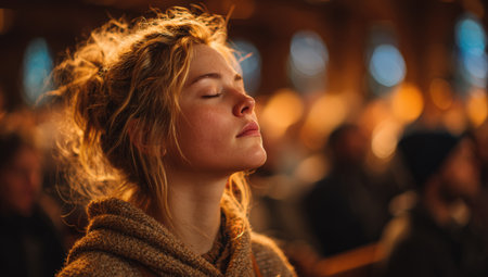 Female with blonde hair is meditating with eyes closed in a warmly lit environment, surrounded by others, creating a serene and reflective atmosphere for mindfulnessの素材