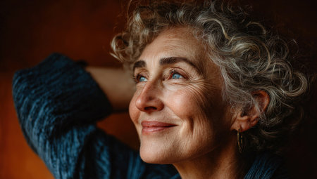 Smiling mature woman with curly hair, resting hands behind head in a warm, inviting setting, illuminated by soft light, creating a serene and peaceful ambianceの素材