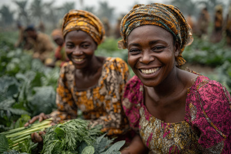 Two smiling women in colorful dresses are engaged in harvesting vegetables in a verdant field, highlighting teamwork and the beauty of agricultural lifeの素材