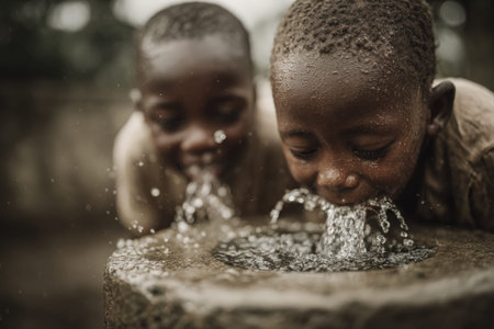Two boys are happily drinking water from a stone fountain, with droplets splashing around them, capturing the essence of joy and refreshment in a communal environmentの素材
