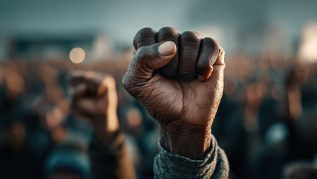 Close-up of an African American fist raised high, surrounded by a blurred crowd, representing strength, unity, and empowerment in a social justice movementの素材