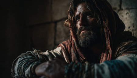 Man with a beard and long hair, dressed in a hooded garment, sits against a stone wall, lost in thought, surrounded by a moody and atmospheric settingの素材