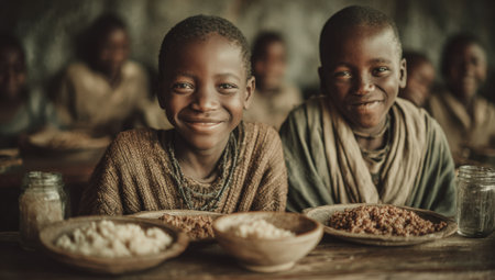 Two cheerful boys are seated at a wooden table, sharing traditional meals in clay bowls, surrounded by a warm and inviting atmosphere of camaraderie and joyの素材