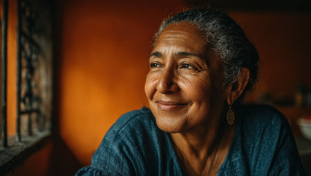 Older woman with gray hair, dressed in blue, is looking out of a window, with a warm orange wall behind her, capturing a peaceful and reflective momentの素材