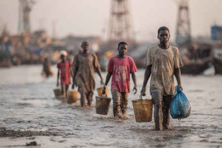 Young boys are walking through muddy water, each carrying buckets and bags, illustrating their hard work and resilience in a challenging industrial settingの素材