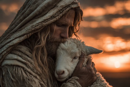 Man in a hooded robe holds sheep close during sunset, highlighting the bond between them in a tranquil pastoral environment with warm colorsの素材