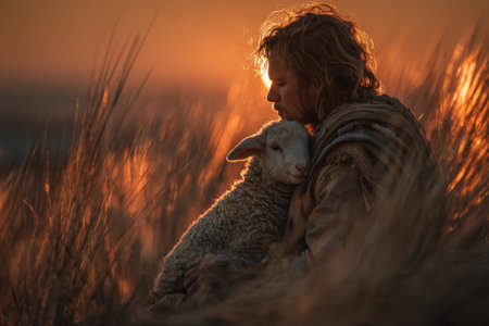 A young man embraces a sheep in a field of tall grass, illuminated by the soft light of sunset, creating a tranquil and harmonious sceneの素材