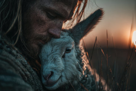 A man with long hair holds a sheep close in a tranquil outdoor environment, surrounded by tall grass and a warm sunset glow, showcasing a bond with natureの素材