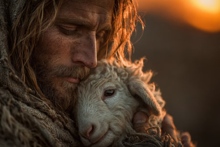 Long-haired man in a textured garment holds sheep close, illustrating a deep connection in a tranquil outdoor environment with warm sunlightの素材