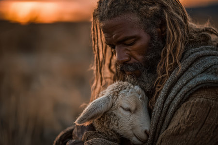 Man with long hair lovingly holds a lamb in his arms, set against a tranquil sunset landscape, highlighting the connection between nature and humanityの素材