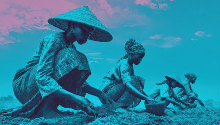 Group of women in traditional clothing engaged in planting crops in a lush field, demonstrating collaboration and commitment to agricultural practicesの素材