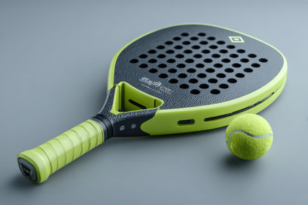Paddle racket in bright green with perforated design lies next to a yellow tennis ball on a gray surface, highlighting sports gear for fitness loversの素材