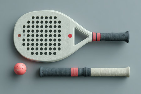 Paddle and ball set arranged on a sleek surface, showcasing contemporary design elements and bright colors, perfect for engaging in outdoor sports and leisure activitiesの素材