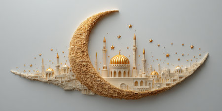 Detailed paper art illustration features a crescent moon and mosque skyline with stars, highlighting intricate craftsmanship and cultural elements in a tranquil settingの素材