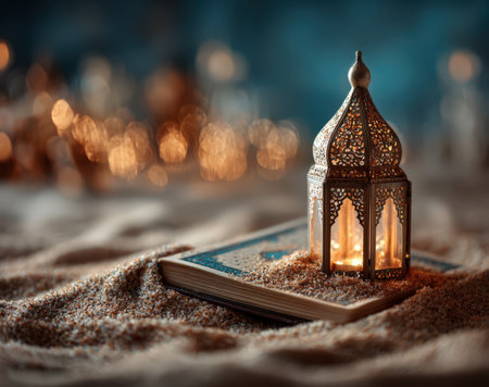 Intricately designed lantern casts a warm glow over an open book resting on sand, evoking a serene ambiance perfect for cultural festivities and personal reflectionの素材