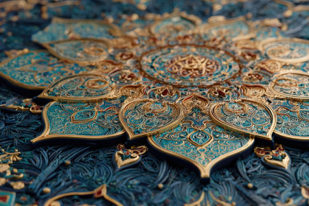Detailed mandala design in blue and gold, highlighting intricate patterns and textures, reflecting artistic craftsmanship and cultural significance in a stunning visual presentationの素材