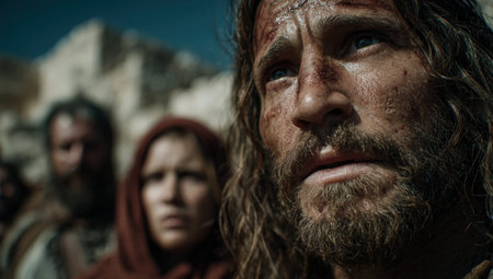 Close-up of a man with long hair and beard, displaying strong emotions, with a group of people in the background, set in a historical context, evoking deep storytellingの素材