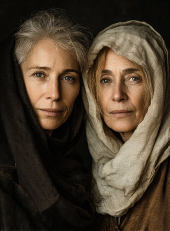 Two older women, adorned in headscarves, stand side by side, exuding wisdom and grace, with soft lighting enhancing their features and creating a tranquil atmosphereの素材