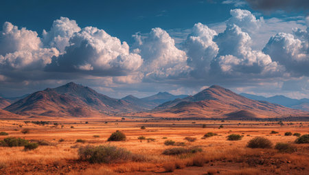 Scenic view of rolling hills and mountains beneath a dynamic sky with fluffy clouds, highlighting the tranquility and natural beauty of the landscapeの素材