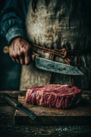 Butcher prepares fresh meat on wooden board, holding knife above cut, highlighting craftsmanship and dedication in a rustic kitchen settingの素材
