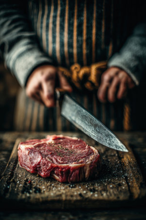 Chef is skillfully slicing a fresh cut of meat on a wooden cutting board, highlighting the craftsmanship and ambiance of a rustic kitchen filled with warmthの素材